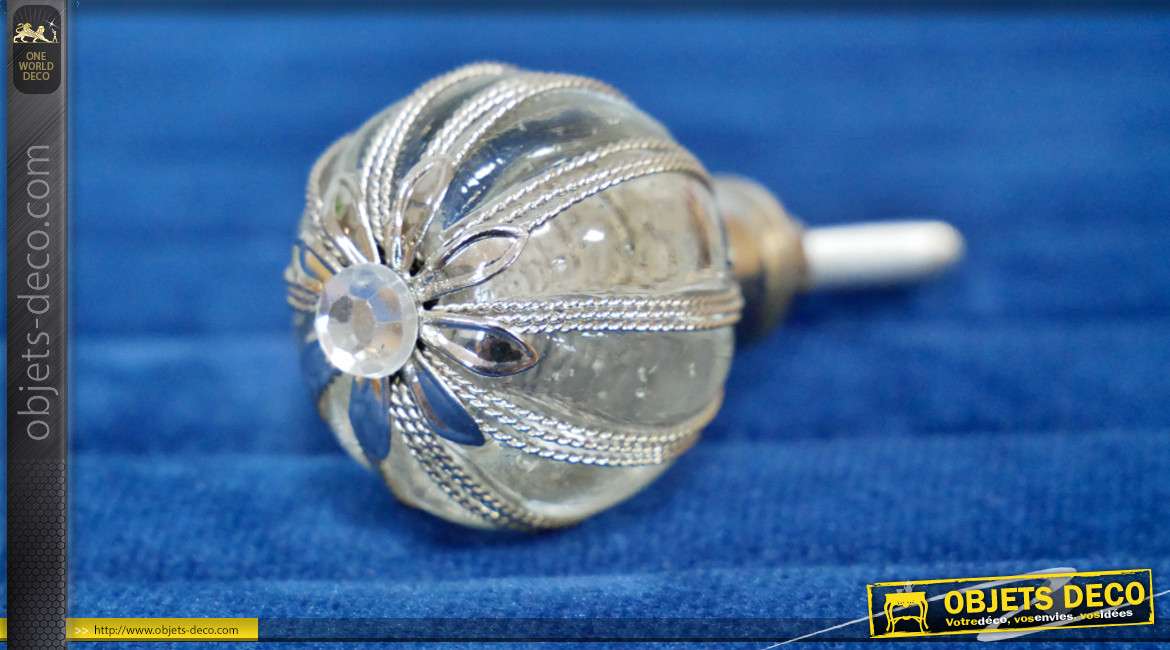 Bouton de meuble en verre et métal, de forme sphérique esprit sceptre royal, forme de fleur stylisée en finition argentée , Ø3cm