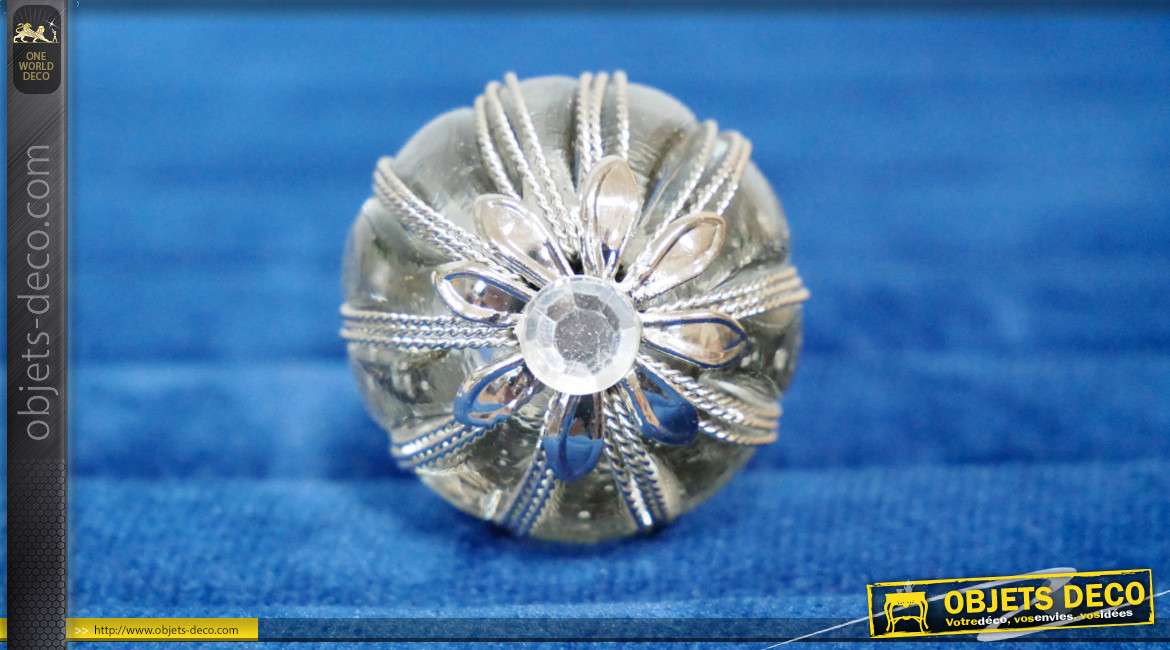 Bouton de meuble en verre et métal, de forme sphérique esprit sceptre royal, forme de fleur stylisée en finition argentée , Ø3cm