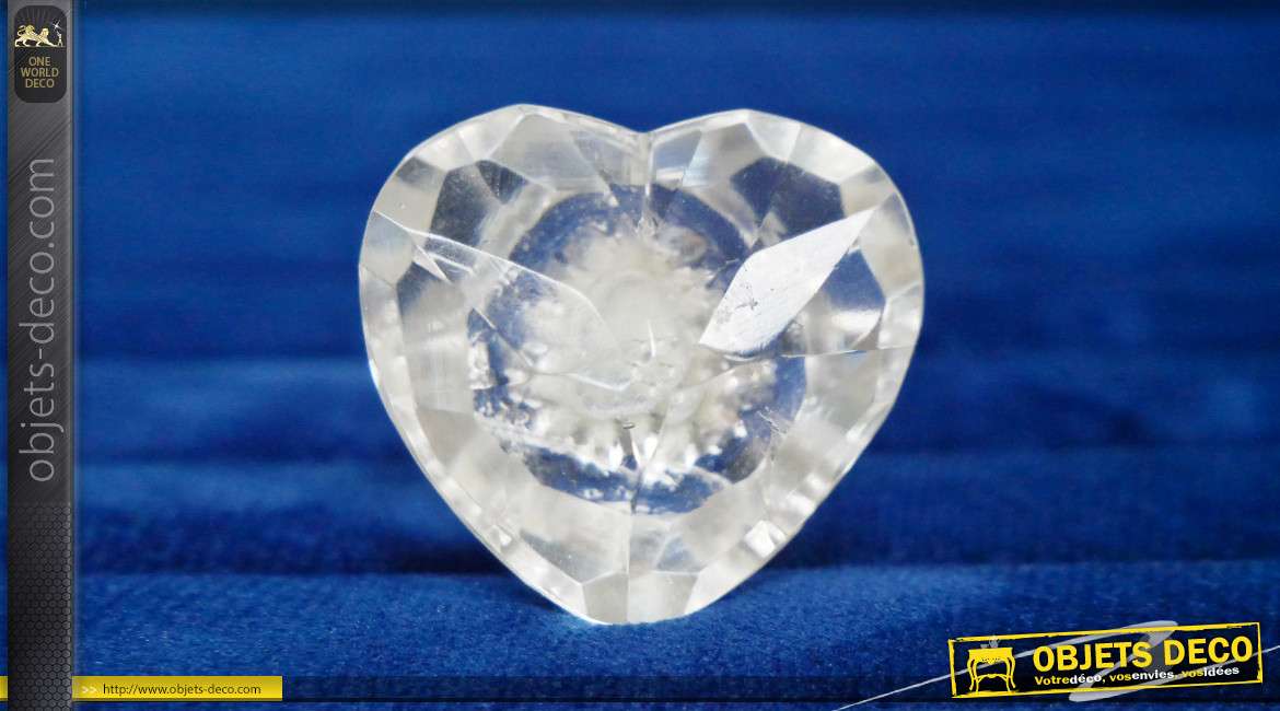 Bouton de meuble décoratif en forme de cœur, en verre translucide taillé et poli, multifacette ambiance romantico chic, Ø4cm