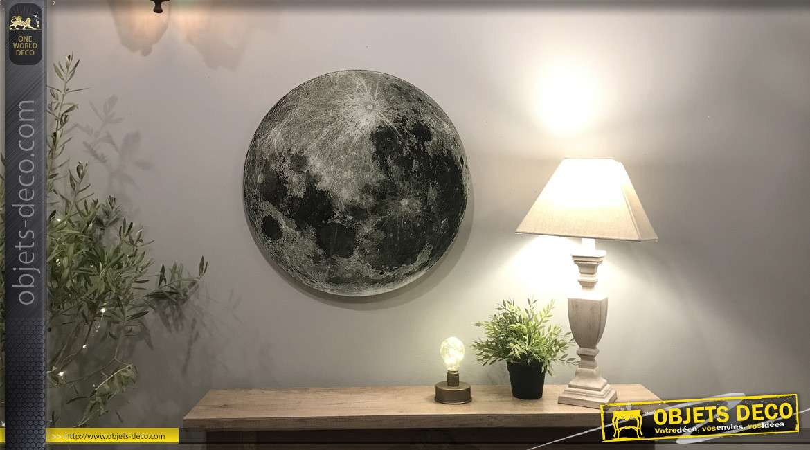 Grande lune murale vue au téléscope, plaque en verre à suspendre avec vraie photo de notre astre de nuit, Ø60cm