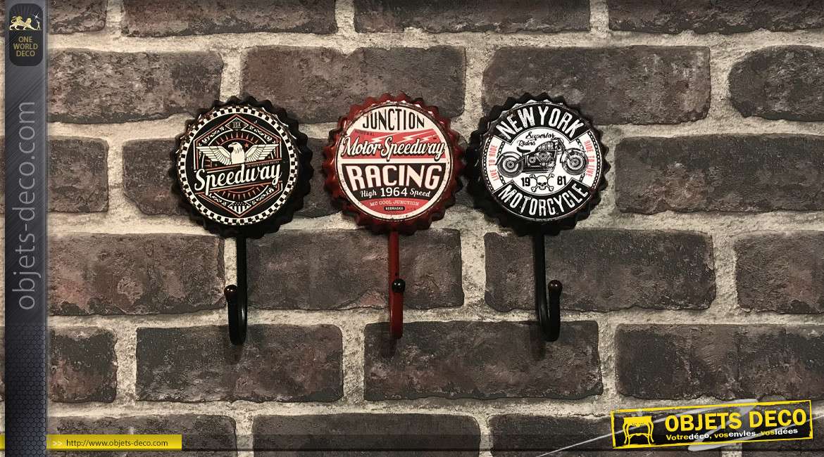 Série de trois crochets muraux en métal, formes d'anciennes capsules de bière, motifs moto motards, Ø11cm
