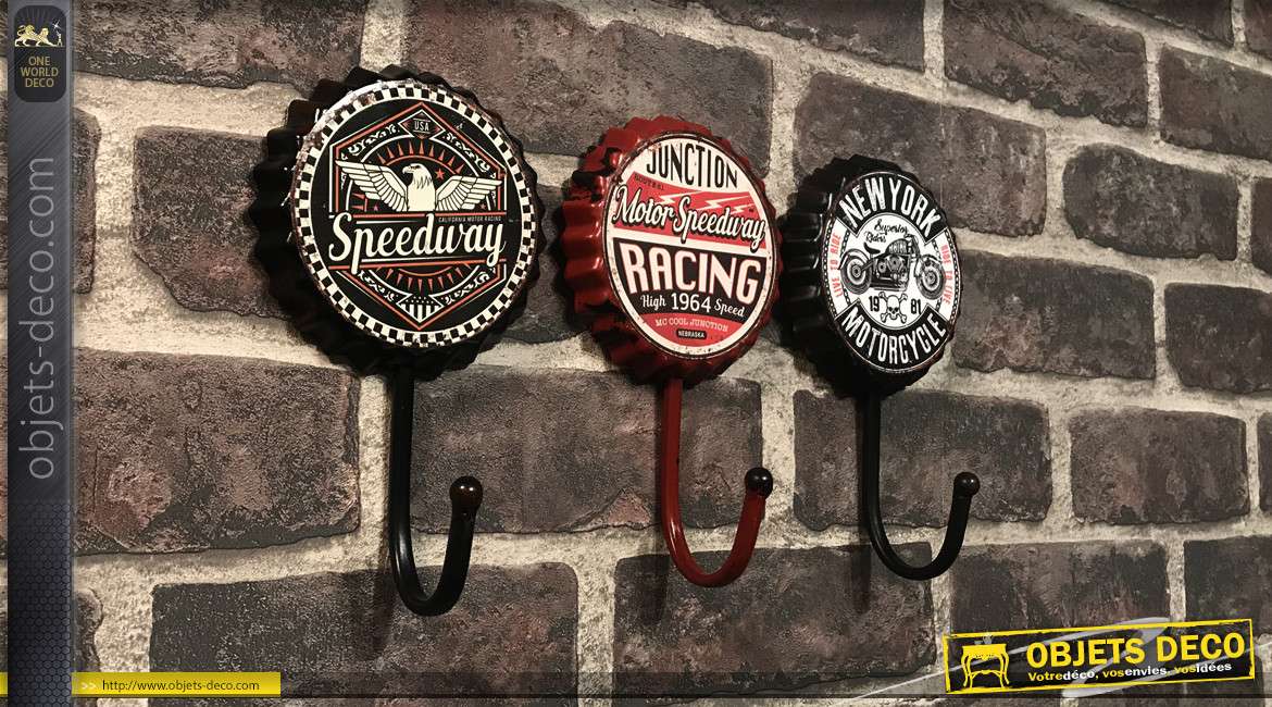 Série de trois crochets muraux en métal, formes d'anciennes capsules de bière, motifs moto motards, Ø11cm