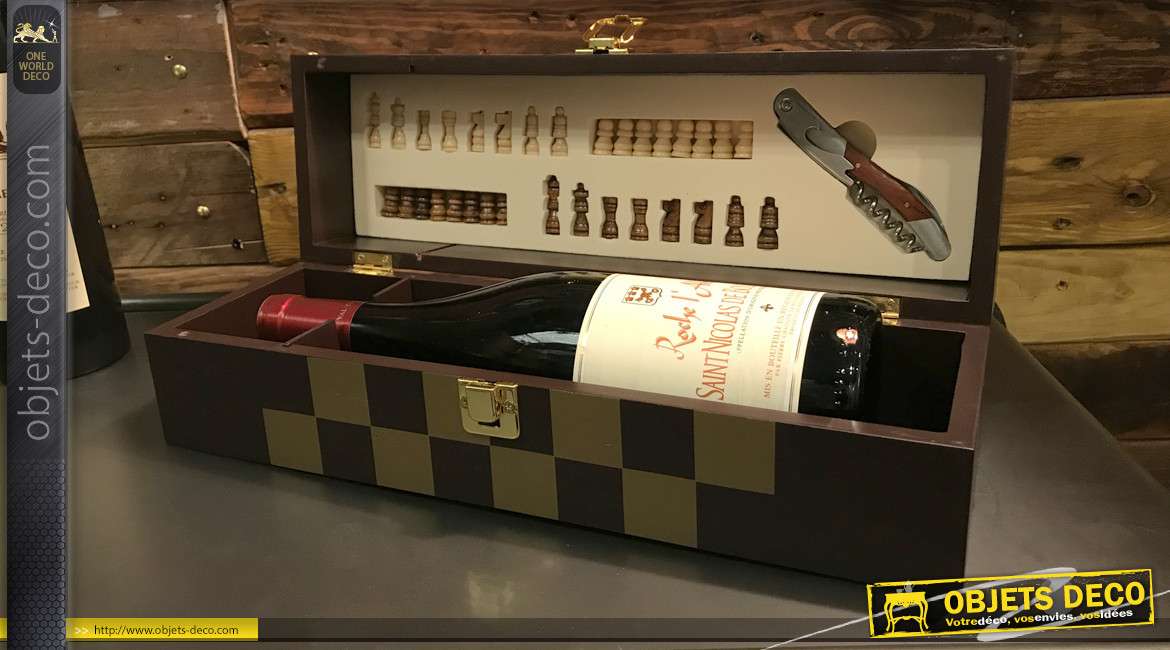 Coffret à vin en bois pour une bouteille, aspect bois exotique avec marqueterie de jeu d'échecs, 36cm