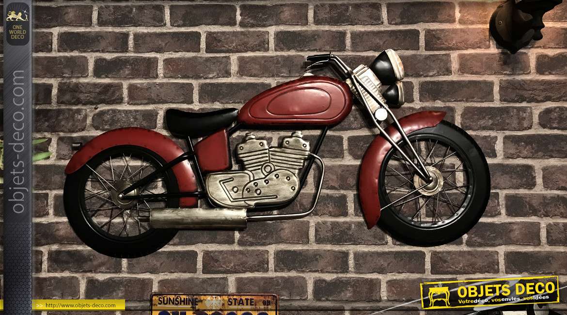 Grande moto murale en métal, finition noir charbon, alu brossé et rouge sang, ambiance bikers motards, 100cm