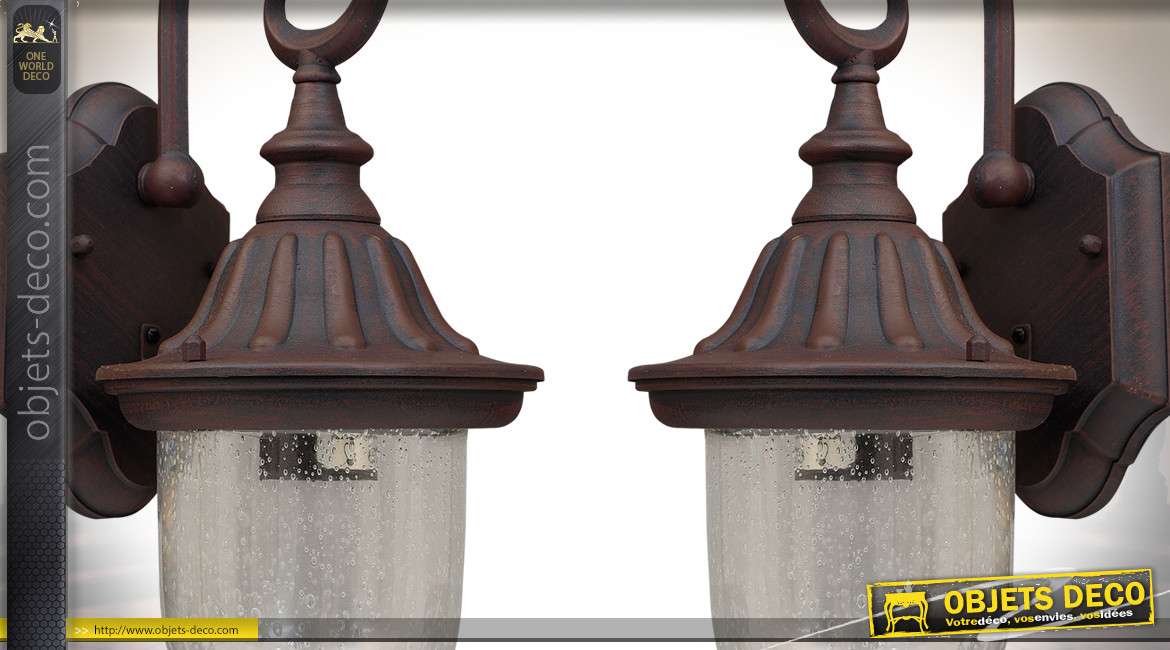 Lanterne extérieur en applique style vintage en aluminium patine brun ambré 38 cm