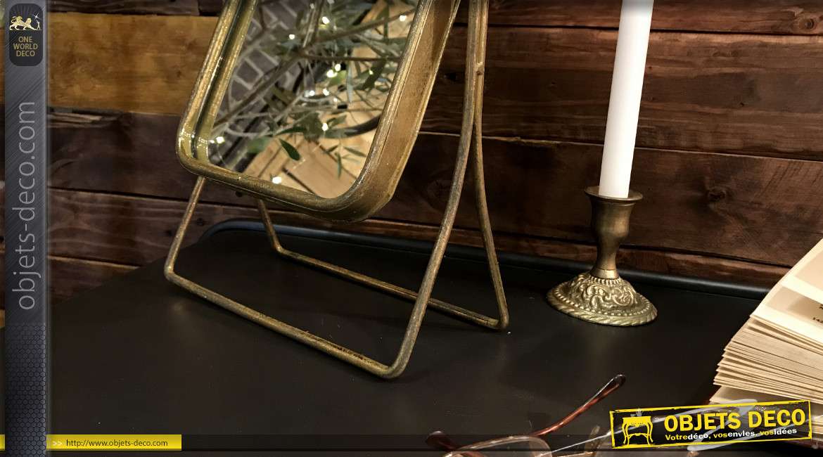 Miroir de table en métal, forme rectangulaire inclinable finition doré ancien, ambiance rétro de 38cm