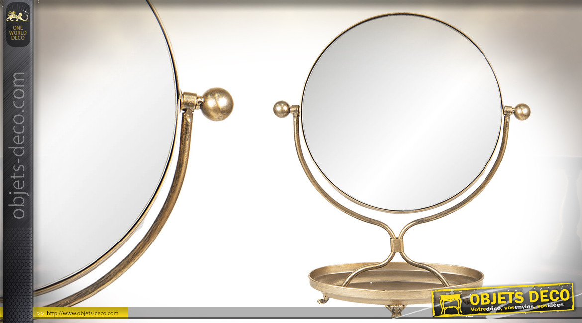 Miroir de table inclinable en métal finition doré ancien effet brossé, forme ronde ambiance rétro, 43cm
