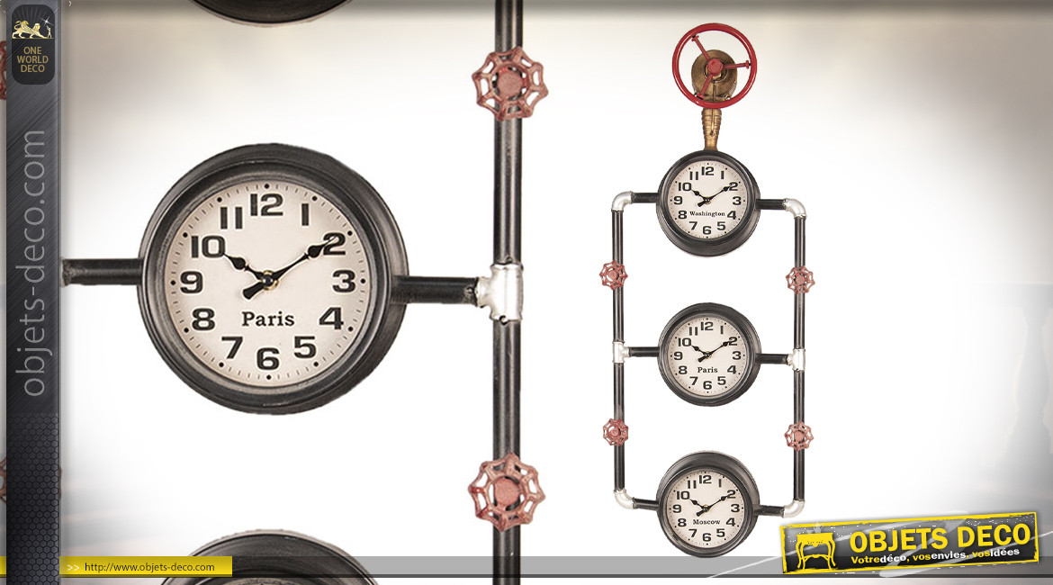 Série de 3 horloges en métal ambiance nanomètre et vanne de sécurité d'usine, déco atelier finitions usées, 92cm