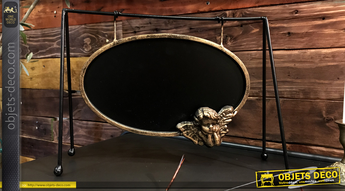 Tableau noir de forme ovale à poser sur table, suspendu avec ornementation angélique dorée, 31cm