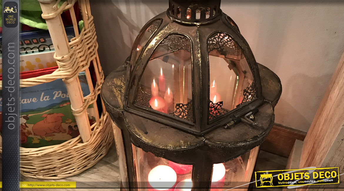 Lanterne en métal finition vieux doré, forme hexagonale avec verres entièrement bombés, Ø27cm