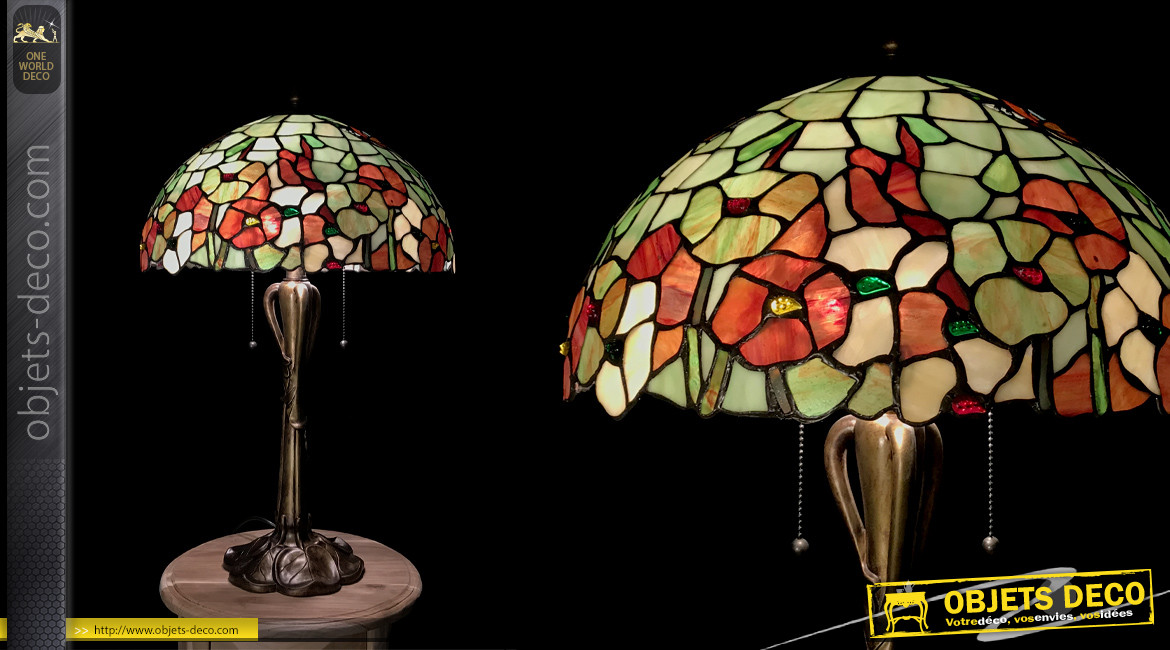 Lampe à poser Tiffany, représentation d'un champs de coquelicots et papillons, ambiance campagne vintage, Ø40cm
