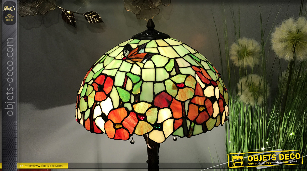 Lampe à poser Tiffany, représentation d'un champs de coquelicots et papillons, ambiance campagne vintage, Ø40cm
