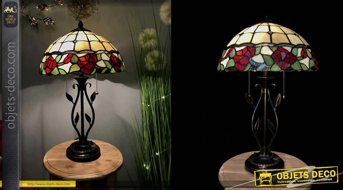 Lampe de salon Tiffany, représentation d'une roseraie fleurie avec base minutieusement travaillée, Ø35cm