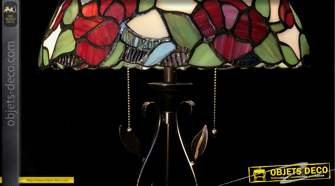 Lampe de salon Tiffany, représentation d'une roseraie fleurie avec base minutieusement travaillée, Ø35cm