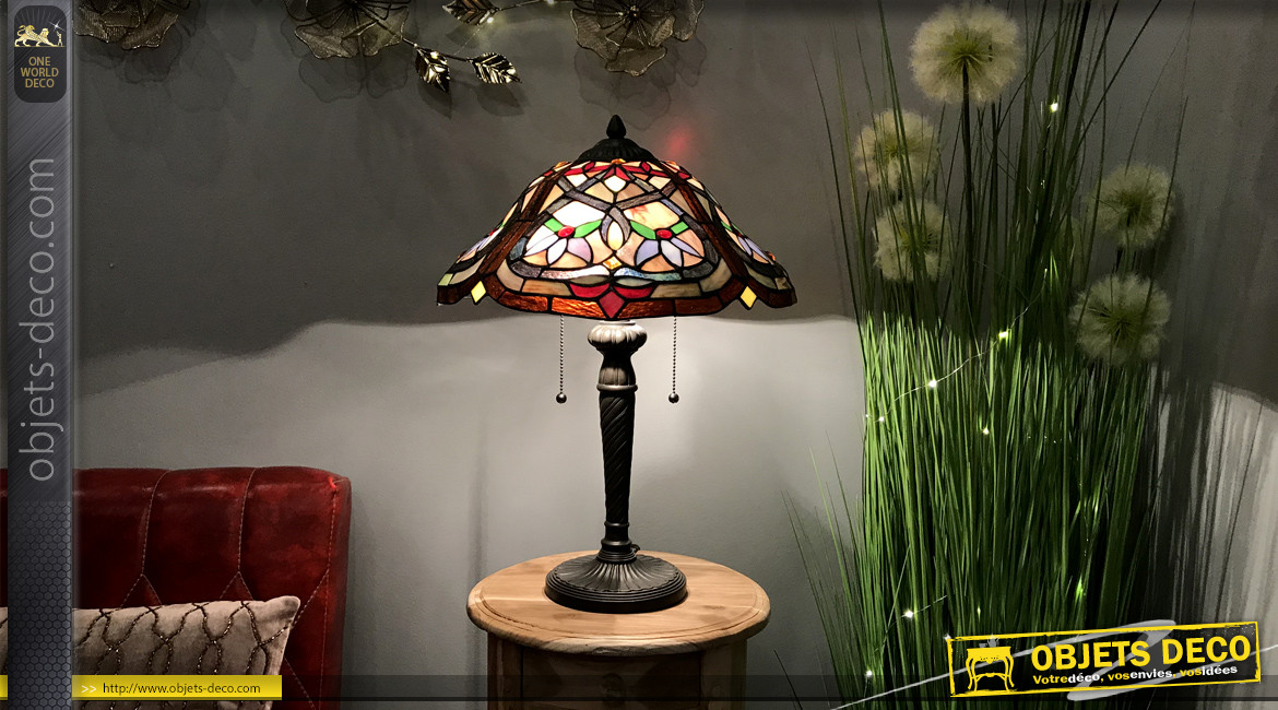 Lampe Tiffany de Ø40cm, motifs de fleurs du paradis ambiance Jardin d'Eden, 54cm