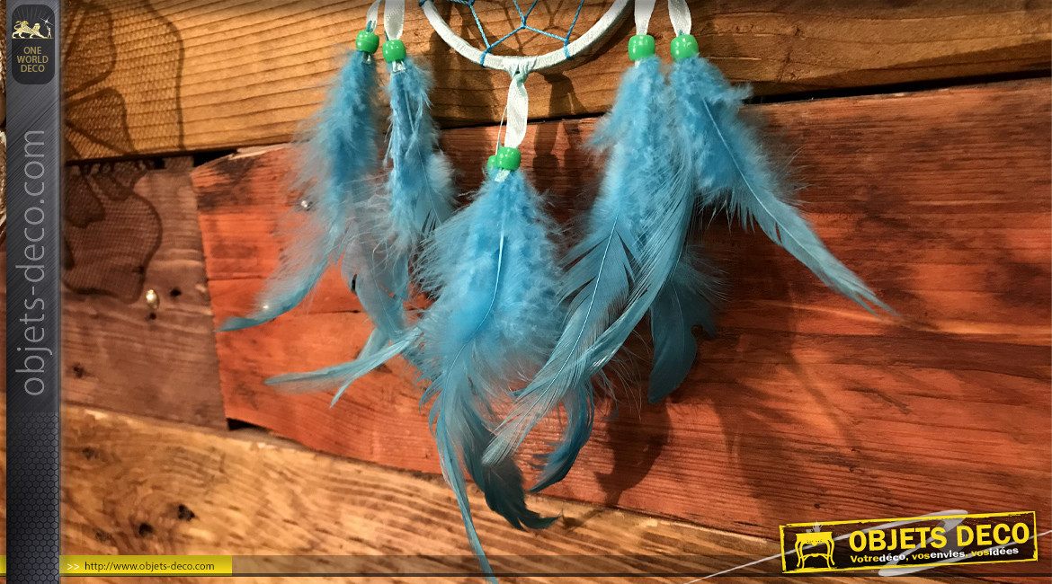 Attrappe-rêves en fil de coton et plumes Ø9cm, modèle bleu céleste, 34cm