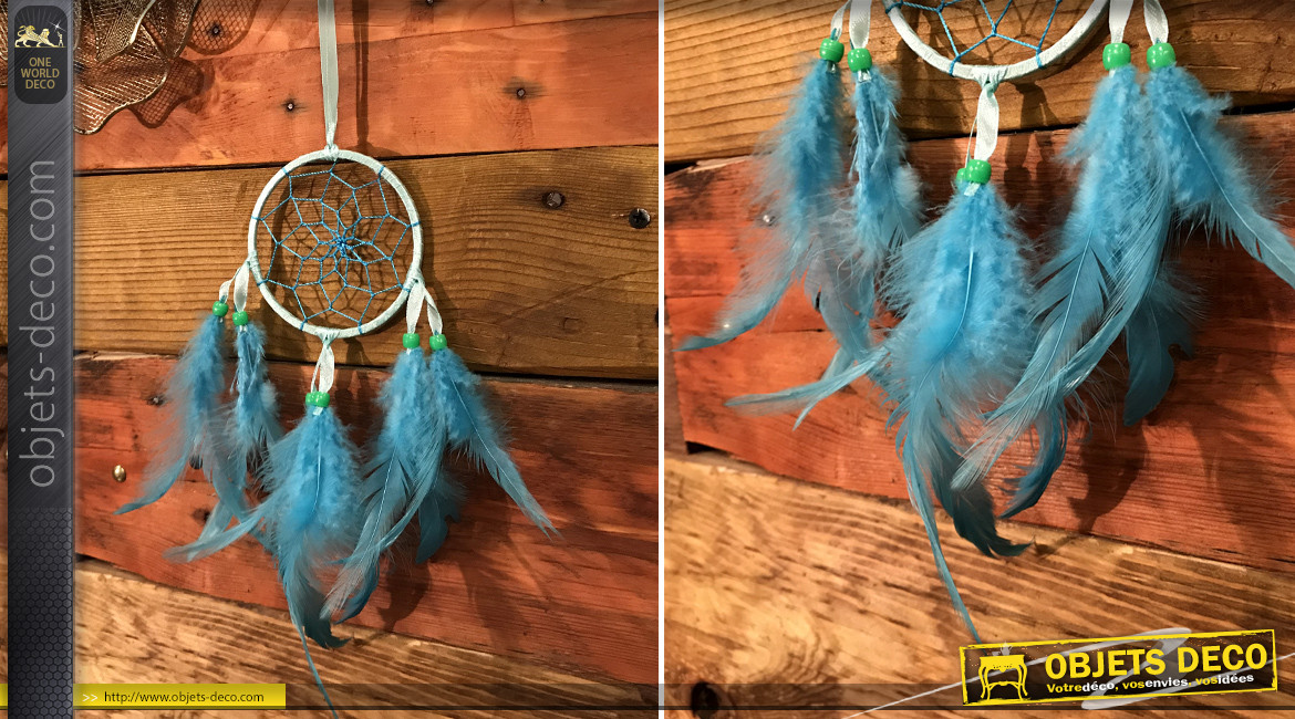 Attrappe-rêves en fil de coton et plumes Ø9cm, modèle bleu céleste, 34cm