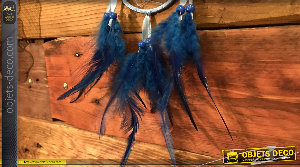 Attrappe-rêves en fil de coton et plumes Ø9cm, modèle bleu de minuit, 34cm