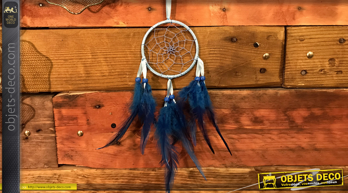 Attrappe-rêves en fil de coton et plumes Ø9cm, modèle bleu de minuit, 34cm