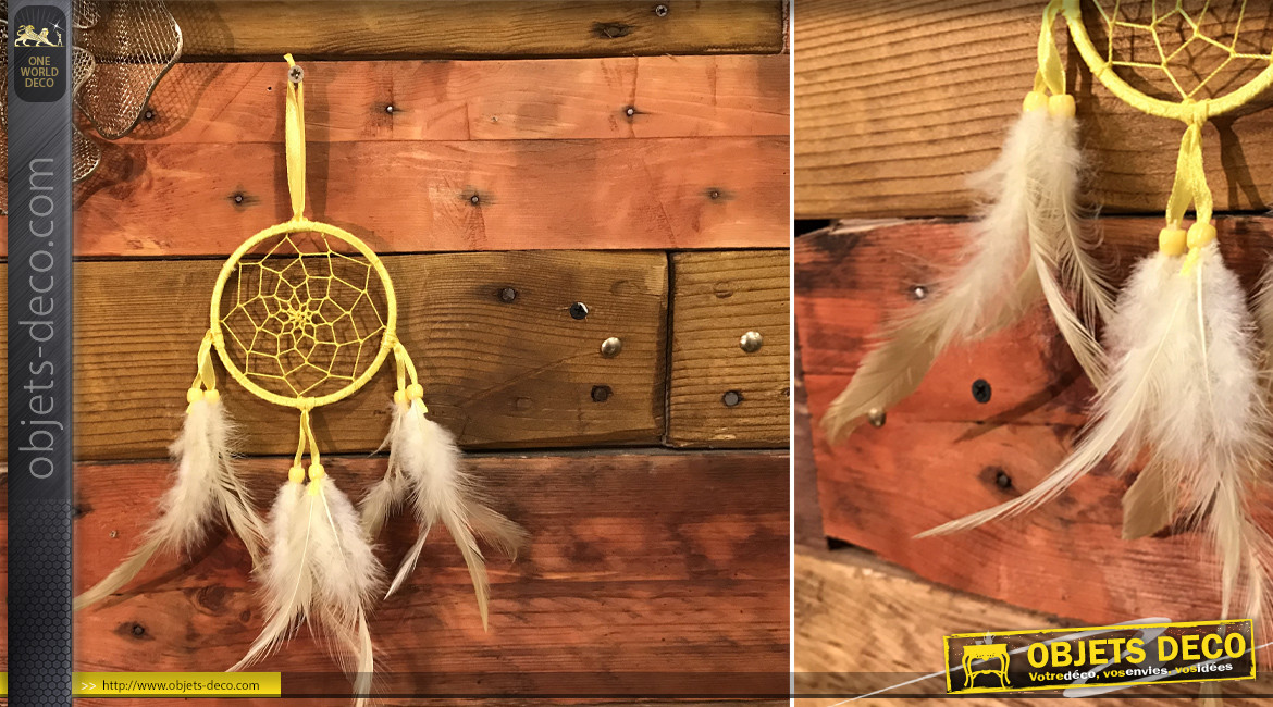 Attrappe-rêves en fil de coton et plumes Ø9cm, modèle jaune paille blé dur, 34cm