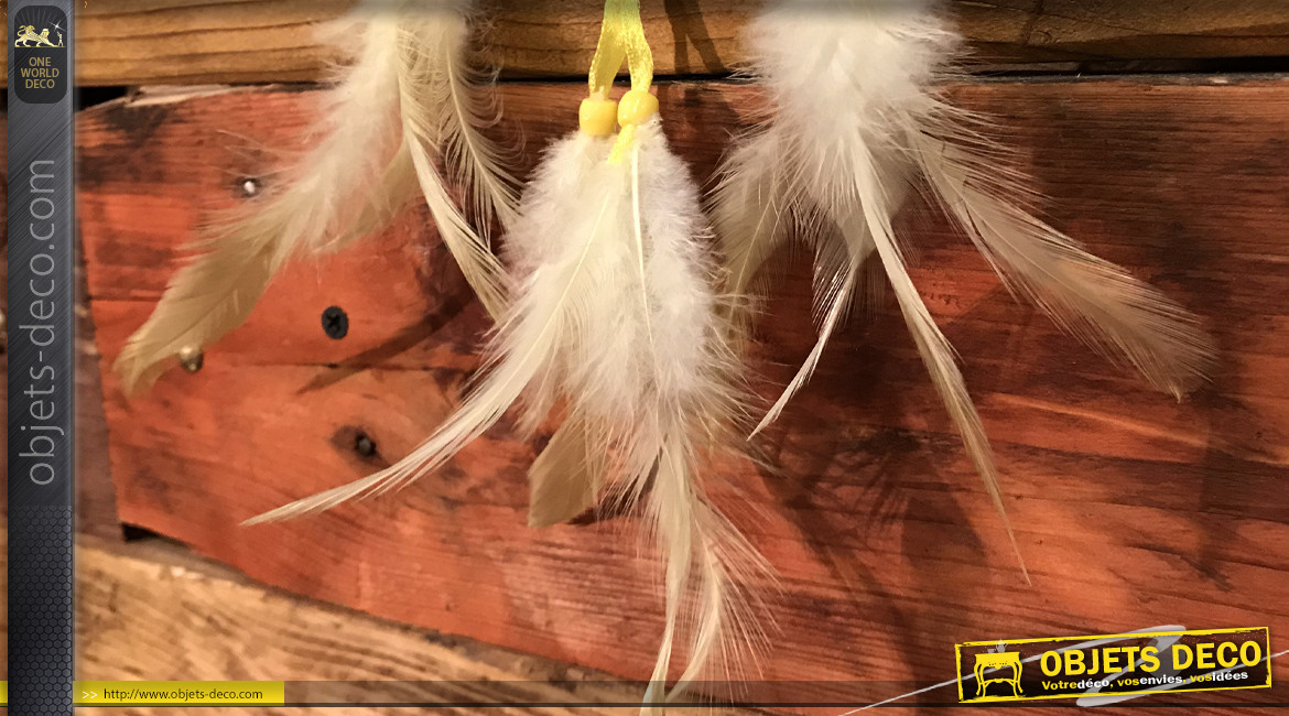 Attrappe-rêves en fil de coton et plumes Ø9cm, modèle jaune paille blé dur, 34cm