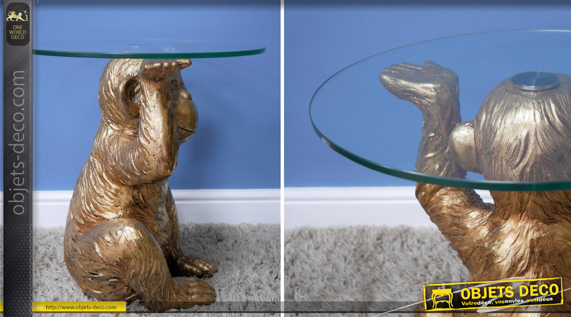 Table d'appoint en forme de singe, plateau épais en verre, finition doré ancien, ambiance circus, Ø45cm