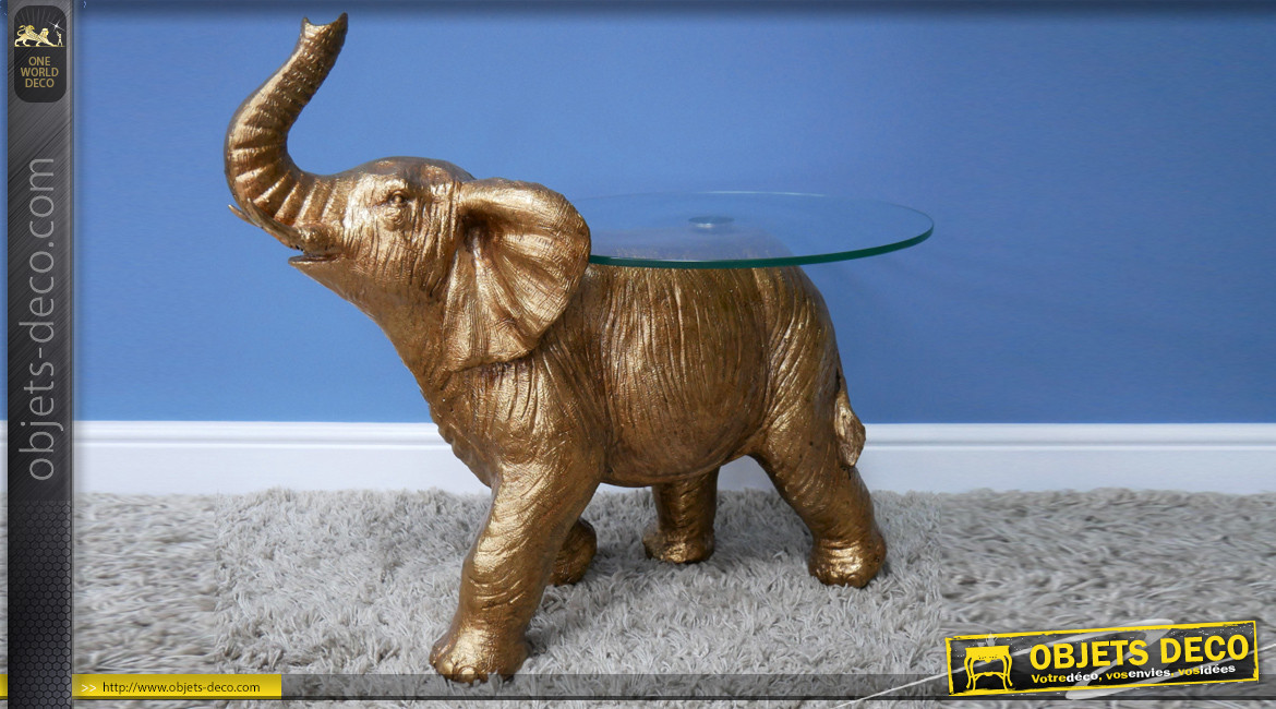 Table auxilaire en forme d'éléphant, plateau épais en verre, finition doré ancien, ambiance circus, 71cm