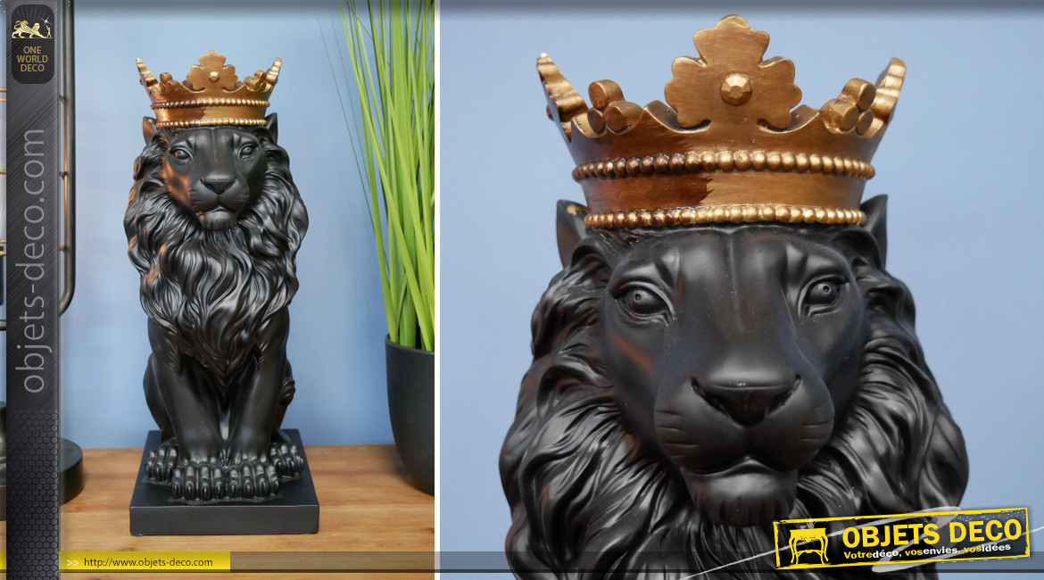 Lion majestueux couronné, monté sur socle, finition noir ébene et doré ancien, ambiance impériale, 36cm