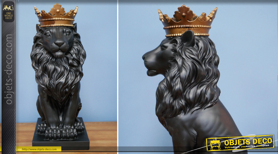 Lion majestueux couronné, monté sur socle, finition noir ébene et doré ancien, ambiance impériale, 36cm