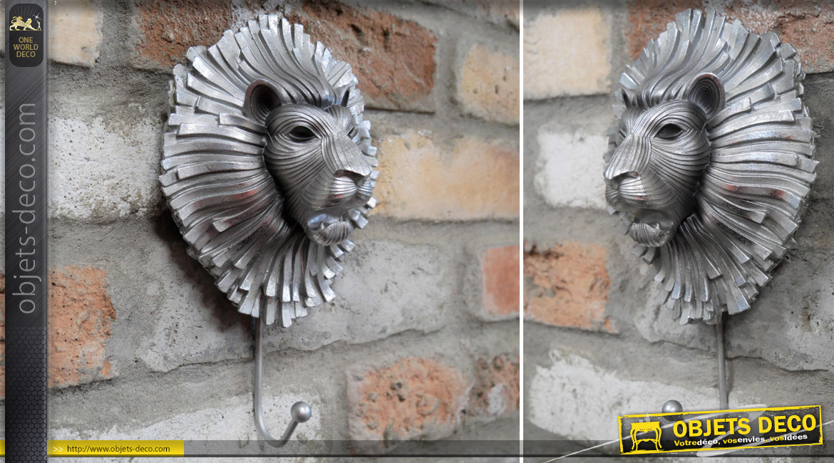 Crochet mural en résine et métal avec tête de lion stylisée esprit ancien heuretoir de porte, finition acier, 24cm