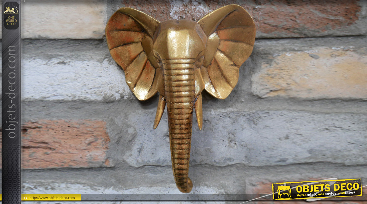Petite décoration murale en résine en forme de tête d'éléphant, finition doré ancien, ambiance safari, 20cm