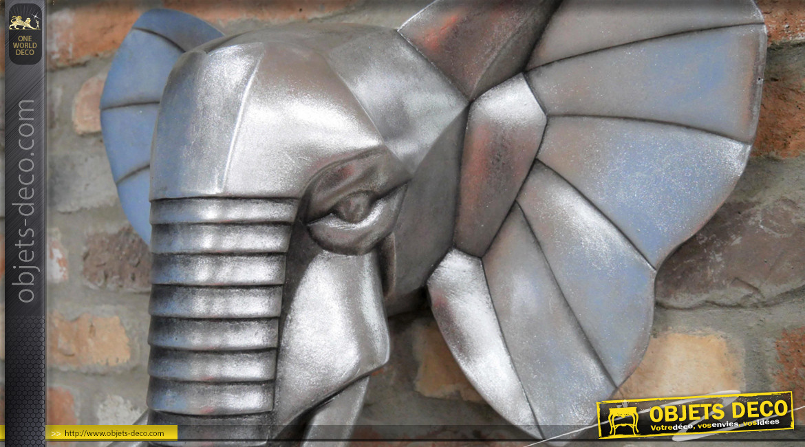 Trophée mural en résine en forme de tête d'éléphant, effet métal vieilli, ambiance safari, 70cm