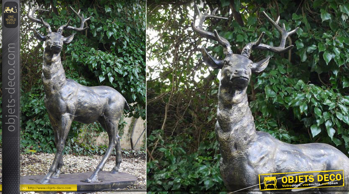 Grande sculpture de cerf en métal finition bronze vieilli, sur base ovale, pour ornementation de parcs et jardins, 154cm