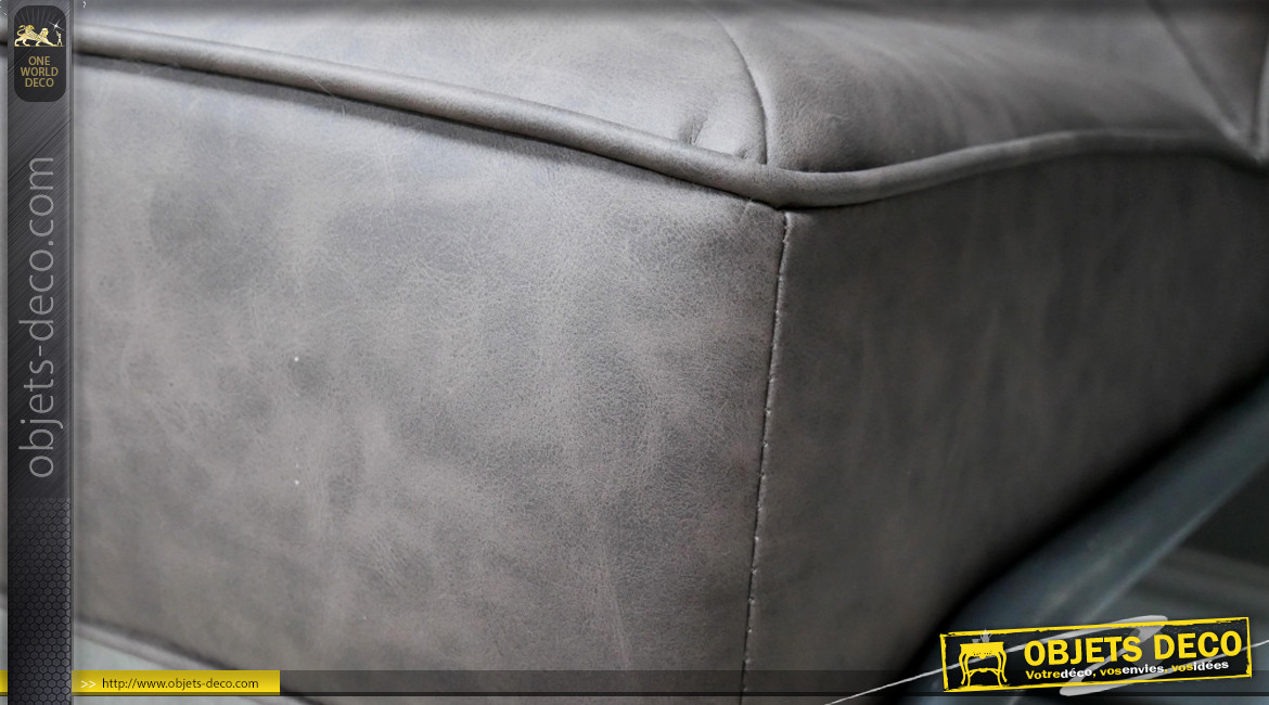 Canapé de style rétro en cuir synthétique et structure en métal, finition gris plomb, ambiance rétro années 70, 125cm