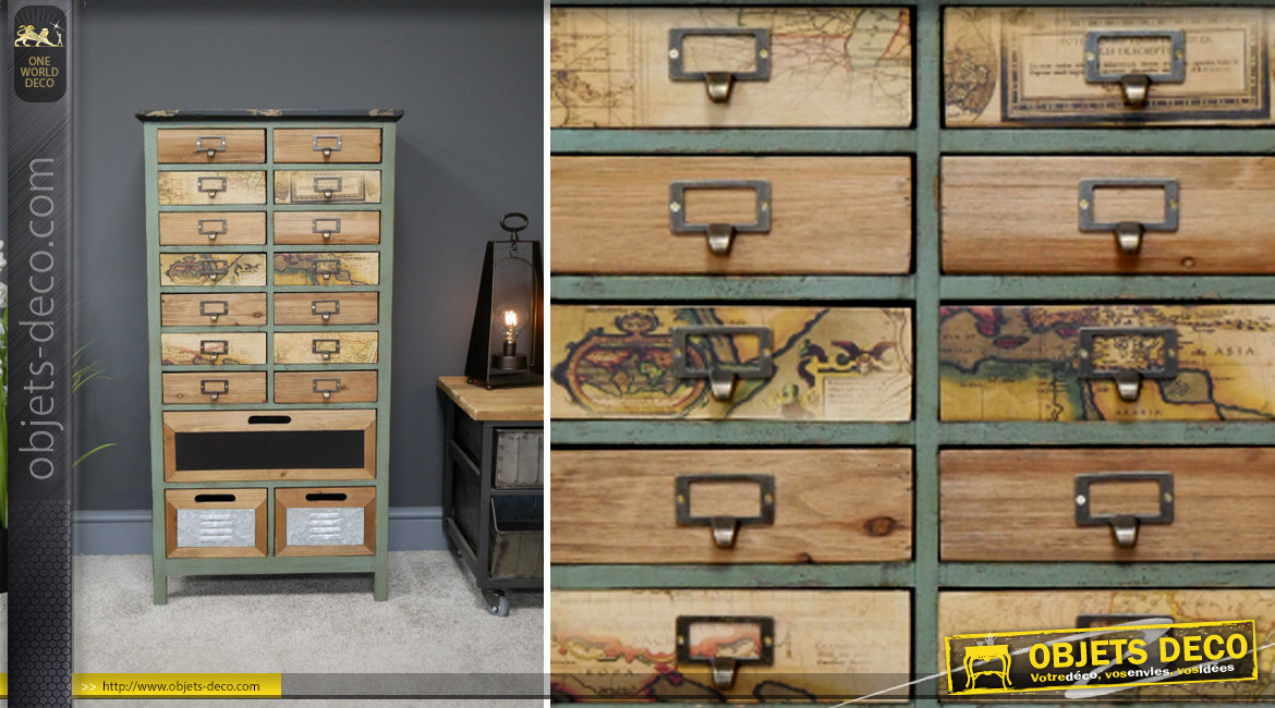 Meuble d'appoint en bois de sapin de style atelier vintage, 17 tiroirs avec impressions de cartes en façades, 108cm