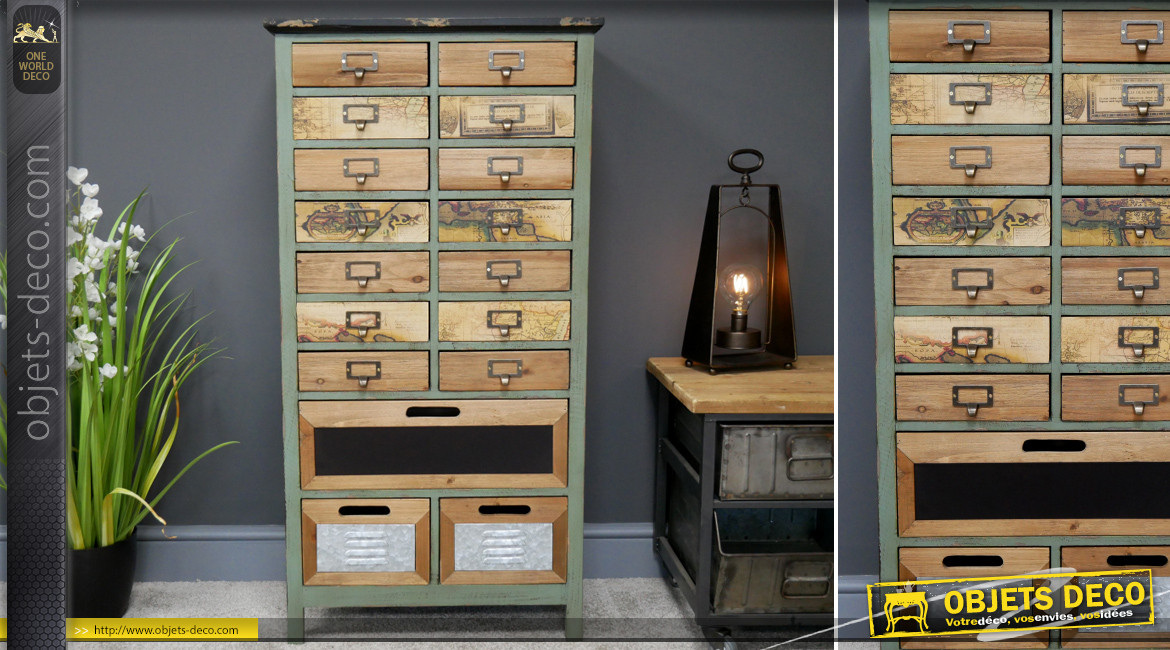 Meuble d'appoint en bois de sapin de style atelier vintage, 17 tiroirs avec impressions de cartes en façades, 108cm