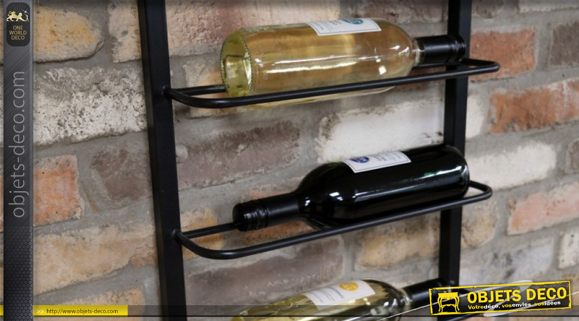 Support en métal pour rangement et exposition de bouteilles de vin, espace verres ajouré en partie basse, ambiance indus noire, 120cm