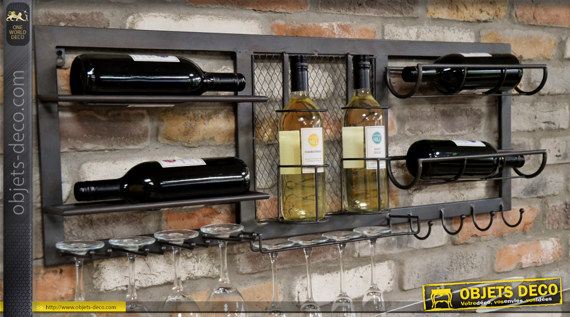Rangement mural horizontal pour 6 bouteilles de vin, 8 verres et 4 crochets de suspension, en métal finition gris anthracite, ambiance indus, 100cm