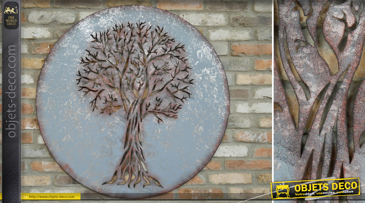 Grande décoration murale ronde en métal avec arbre de vie découpé au centre, finition brunie oxydée, Ø100cm