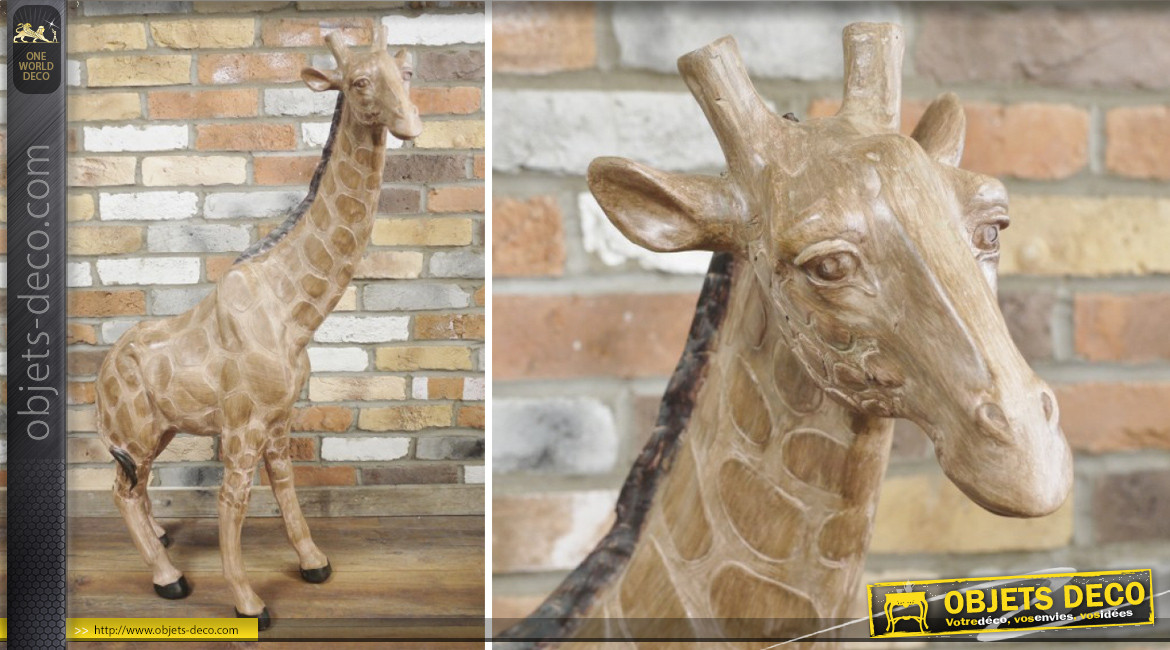 Grande statue de girafe de 102cm de haut, finition effet ancien, en polyrésine, ambiance vieux safari
