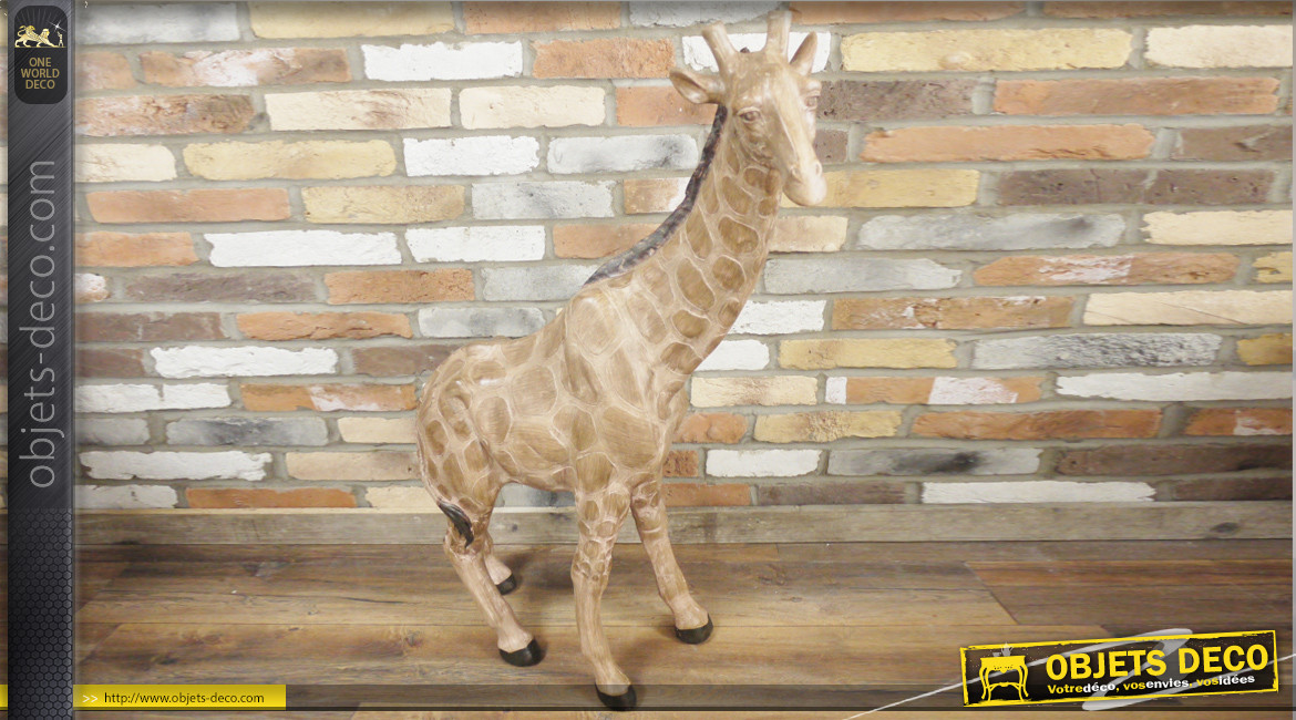 Grande statue de girafe de 102cm de haut, finition effet ancien, en polyrésine, ambiance vieux safari