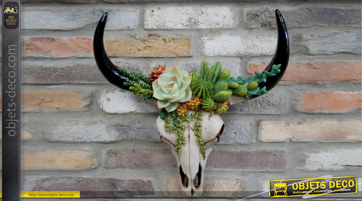 Tête de chèvre couronnée de fleurs, déco murale ambiance boho colorée, finitions réalistes, 43cm
