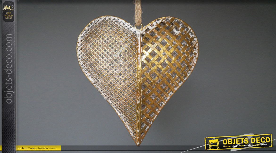 Gros coeur en métal à suspendre, finition dorée et blanchie, reflets bronze, 27cm
