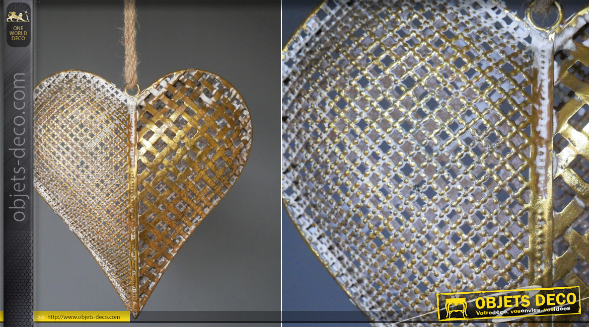 Gros coeur en métal à suspendre, finition dorée et blanchie, reflets bronze, 27cm