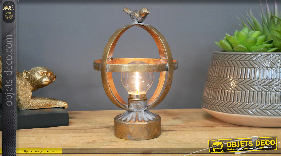 Luminaire d'appoint en métal et verre, ampoule en cage sphérique finition vieux doré, Ø13cm