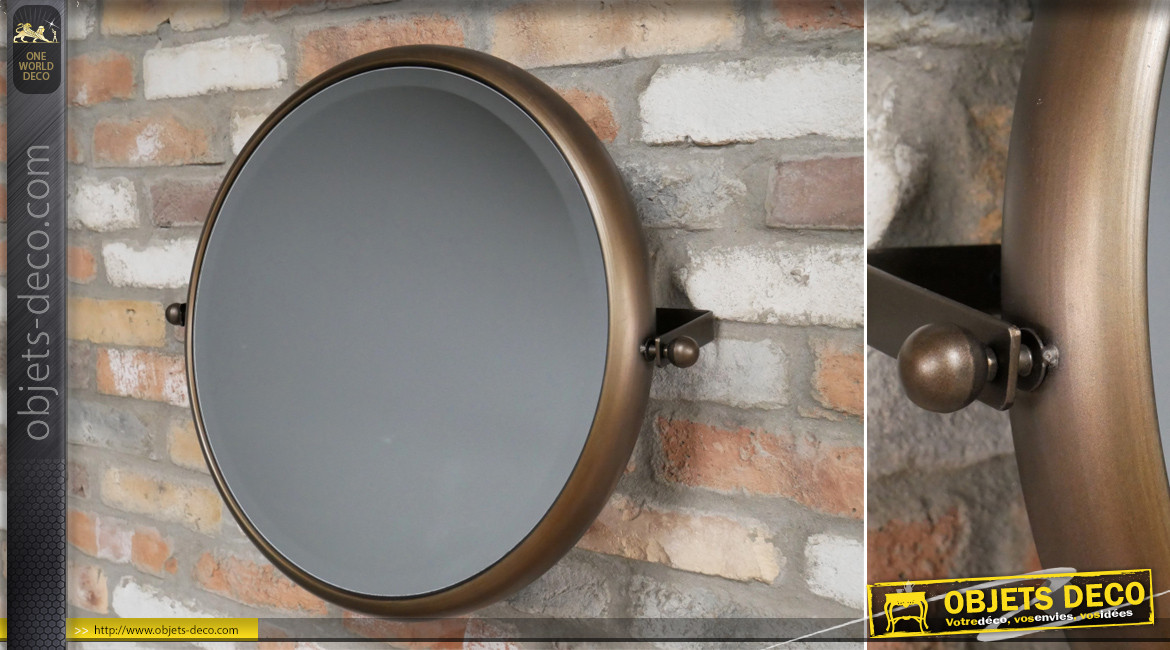 Miroir de salle de bain inclinable de forme ronde, finition brun noisette aux reflets cuivrés, glace biseautée, Ø53cm