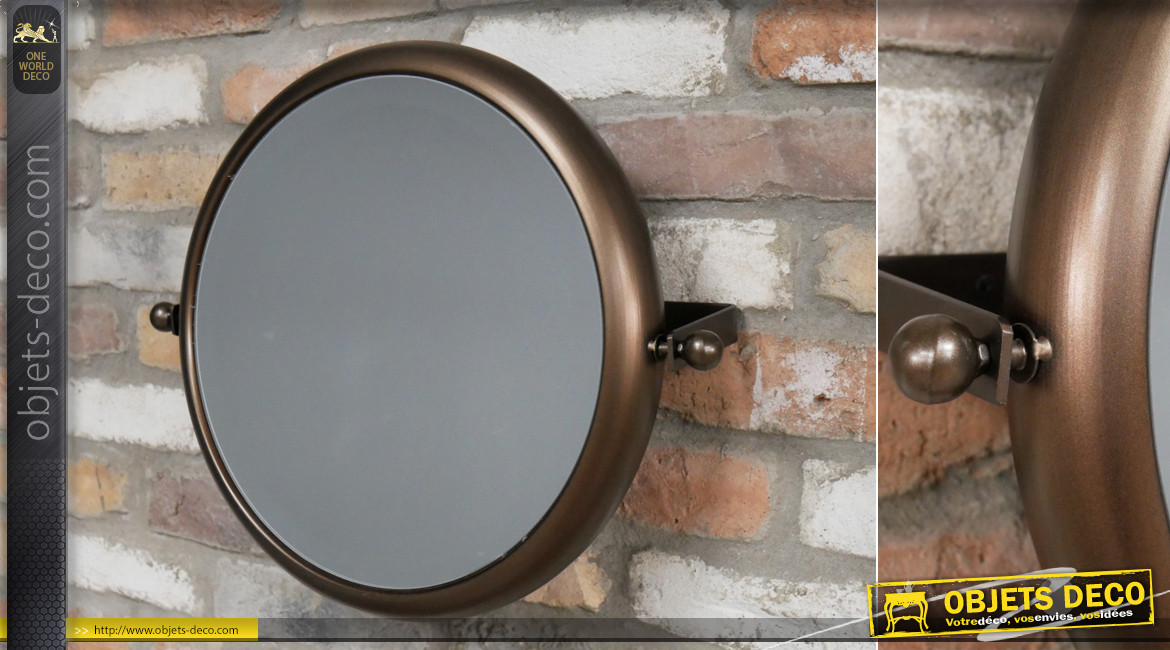 Miroir mural en métal pour salle de bain, modèle inclinable finition brun noisette aux reflets cuivrés, Ø40cm