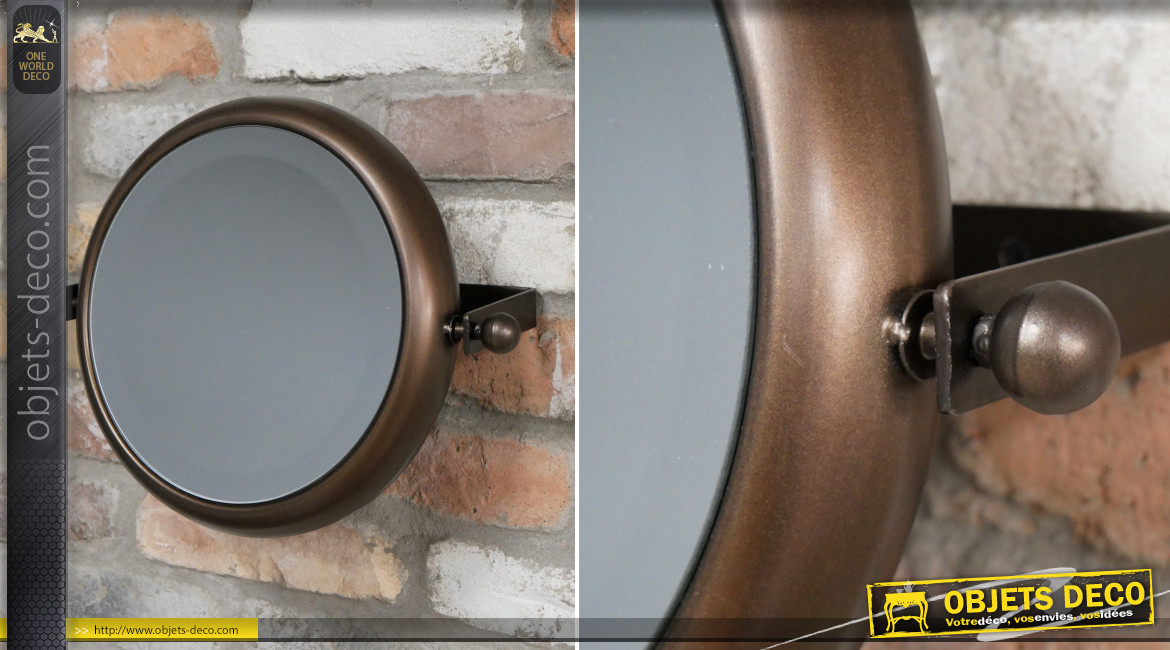 Miroir rond en métal pour salle de bain, modèle inclinable de Ø28cm, finition brun noisette aux reflets cuivrés