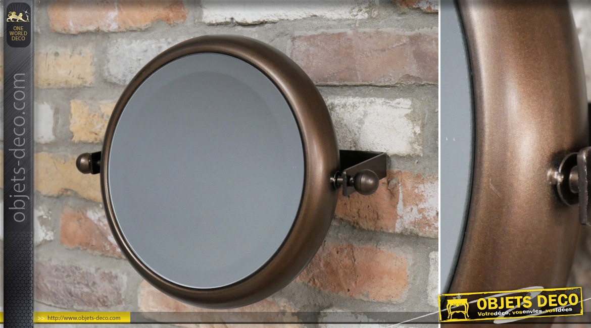 Miroir rond en métal pour salle de bain, modèle inclinable de Ø28cm, finition brun noisette aux reflets cuivrés
