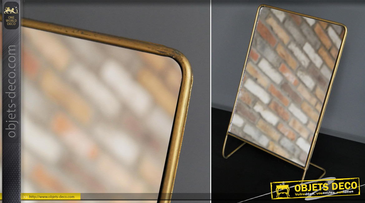 Miroir de table en métal finition dorée effet patine brossée, ambiance épurée linéaire, 33cm